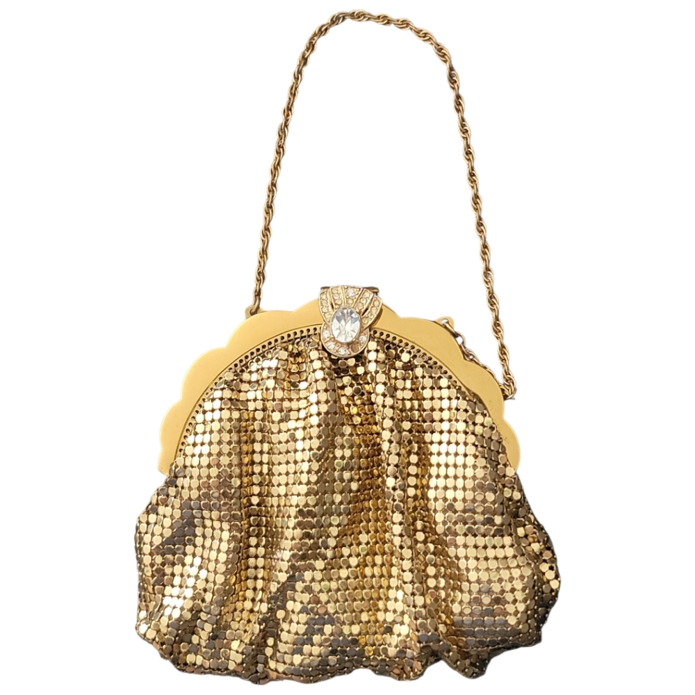 Whiting & Davis Co Gold Mesh Evening Bag With Rhinestone Clasp